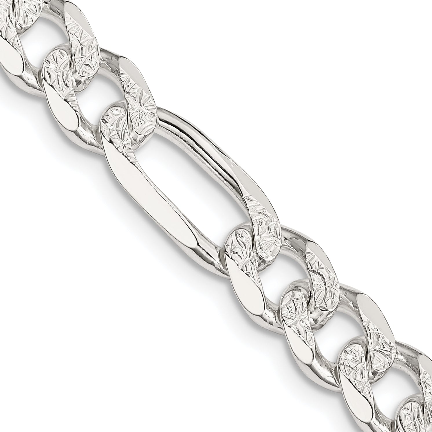 24 Inch Sterling Silver 8mm Pav Flat Figaro Chain Necklace
