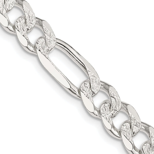 22 Inch Sterling Silver 8mm Pav Flat Figaro Chain Necklace