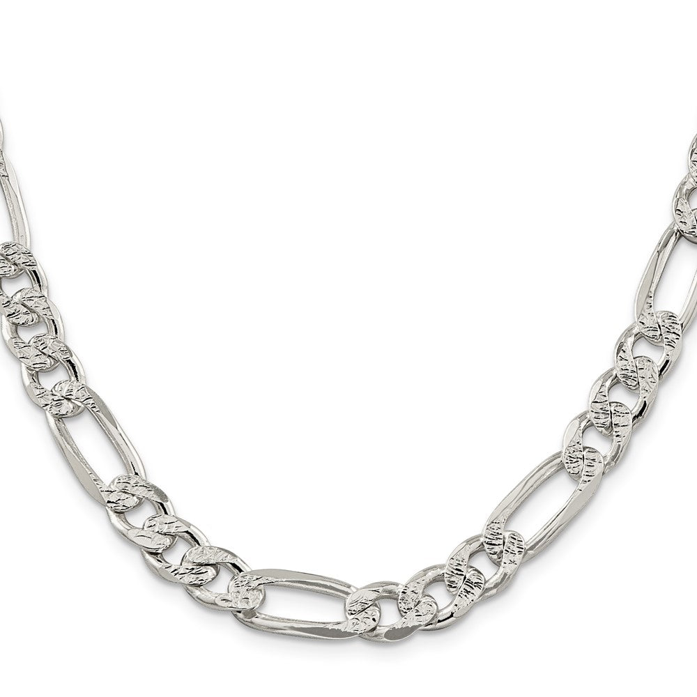 20 Inch Sterling Silver 9.5mm Pav Flat Figaro Chain Necklace