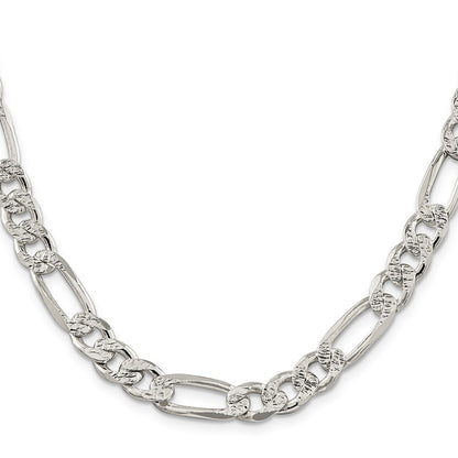 24 Inch Sterling Silver 9.5mm Pav Flat Figaro Chain Necklace