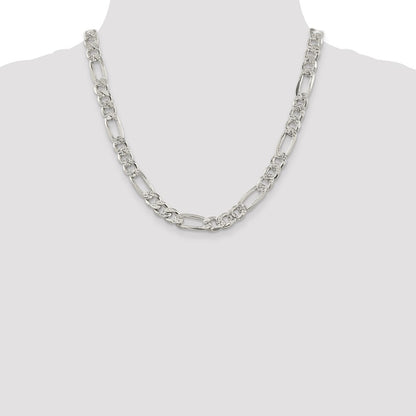 20 Inch Sterling Silver 9.5mm Pav Flat Figaro Chain Necklace