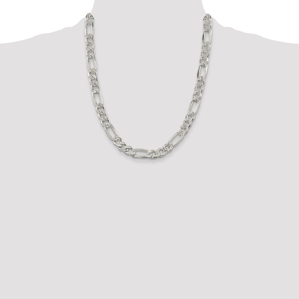 22 Inch Sterling Silver 9.5mm Pav Flat Figaro Chain Necklace