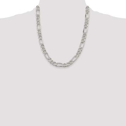 22 Inch Sterling Silver 9.5mm Pav Flat Figaro Chain Necklace