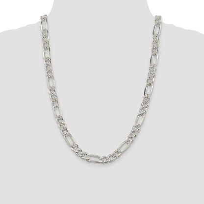24 Inch Sterling Silver 9.5mm Pav Flat Figaro Chain Necklace
