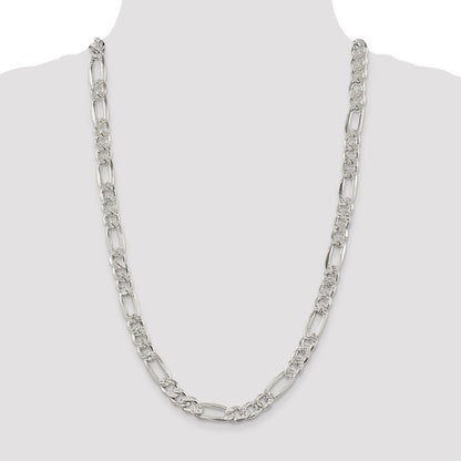 26 Inch Sterling Silver 9.5mm Pav Flat Figaro Chain Necklace