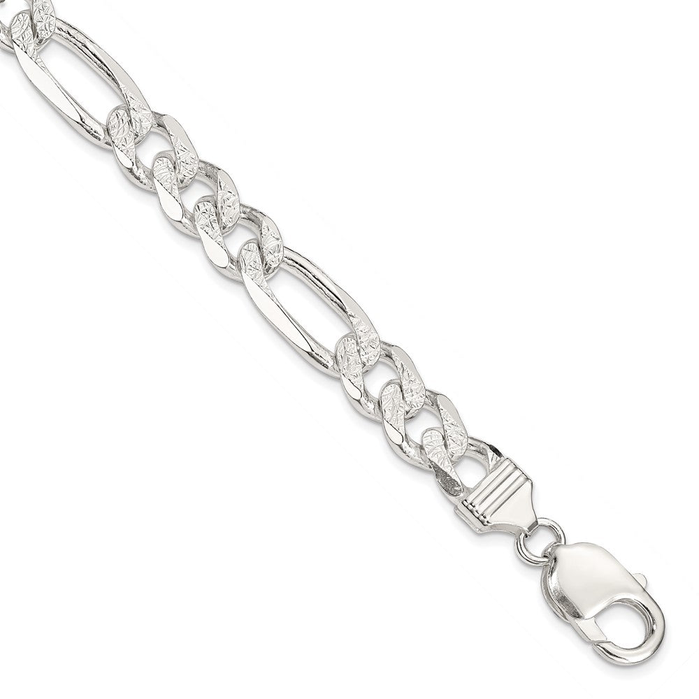 8 Inch Sterling Silver 9.5mm Pav Flat Figaro Chain Bracelet