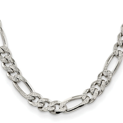26 Inch Sterling Silver 11.0mm Pav Flat Figaro Chain Necklace