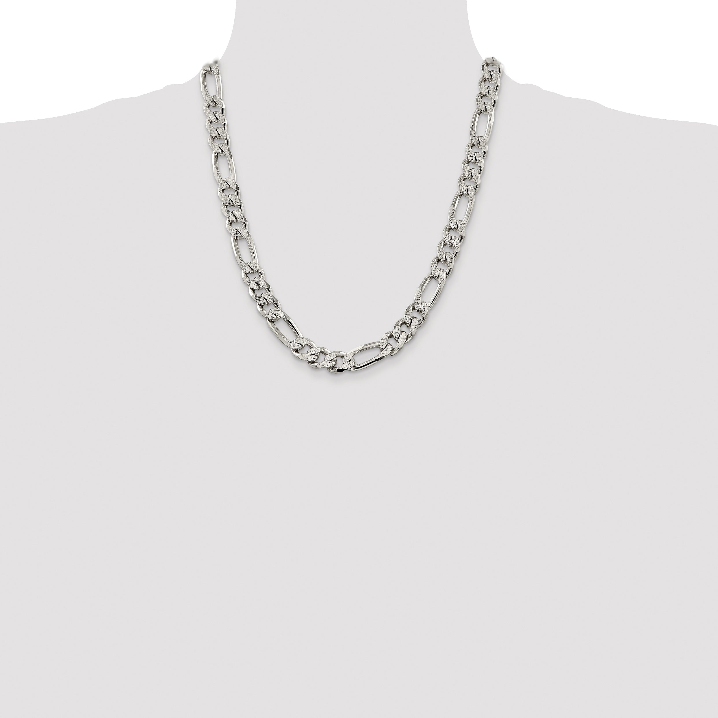 22 Inch Sterling Silver 11.0mm Pav Flat Figaro Chain Necklace