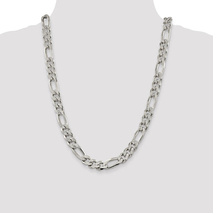 24 Inch Sterling Silver 11.0mm Pav Flat Figaro Chain Necklace