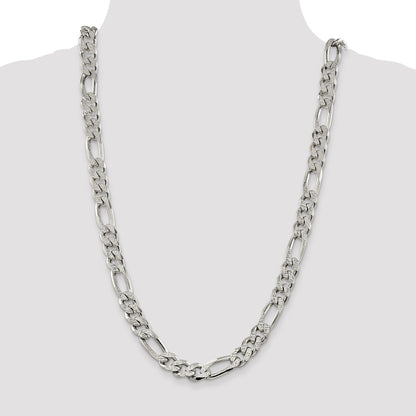 26 Inch Sterling Silver 11.0mm Pav Flat Figaro Chain Necklace