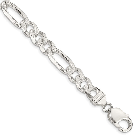 8 Inch Sterling Silver 11.0mm Pav Flat Figaro Chain Bracelet