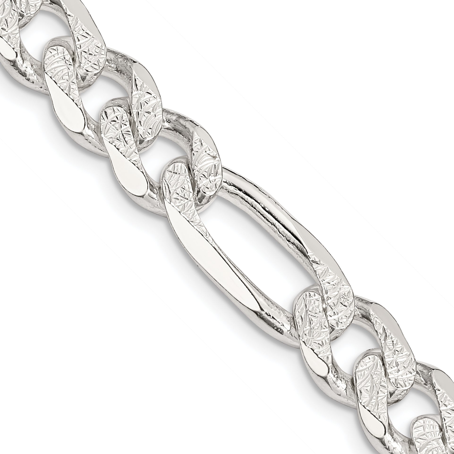 24 Inch Sterling Silver 11.0mm Pav Flat Figaro Chain Necklace