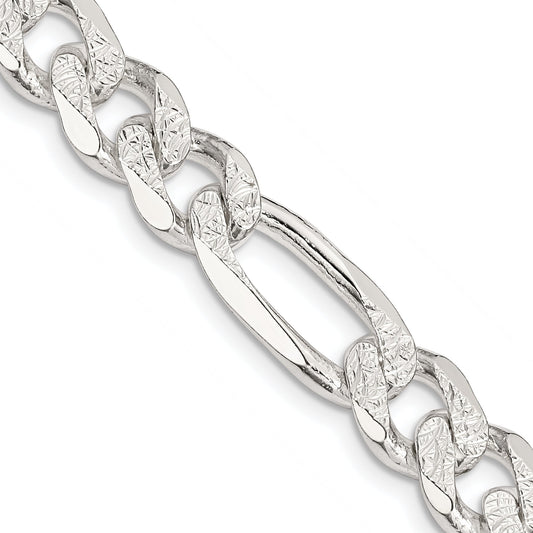 26 Inch Sterling Silver 11.0mm Pav Flat Figaro Chain Necklace