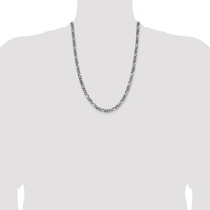 24 Inch Sterling Silver Antiqued 5.5mm Figaro Chain Necklace