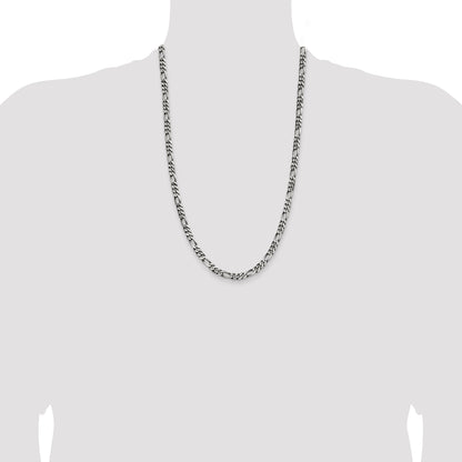 26 Inch Sterling Silver Antiqued 5.5mm Figaro Chain Necklace