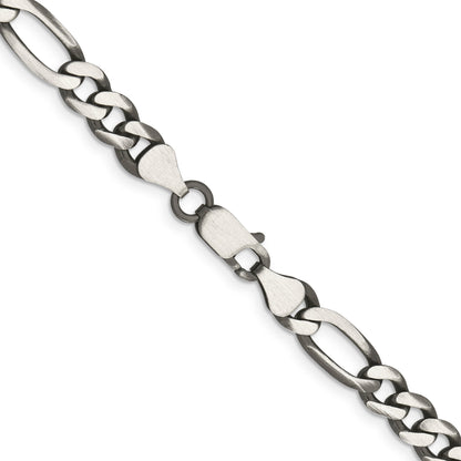 26 Inch Sterling Silver Antiqued 6.5mm Figaro Chain Necklace