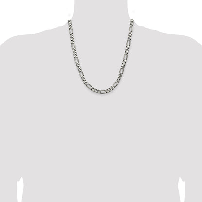 22 Inch Sterling Silver Antiqued 6.5mm Figaro Chain Necklace