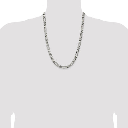 24 Inch Sterling Silver Antiqued 6.5mm Figaro Chain Necklace