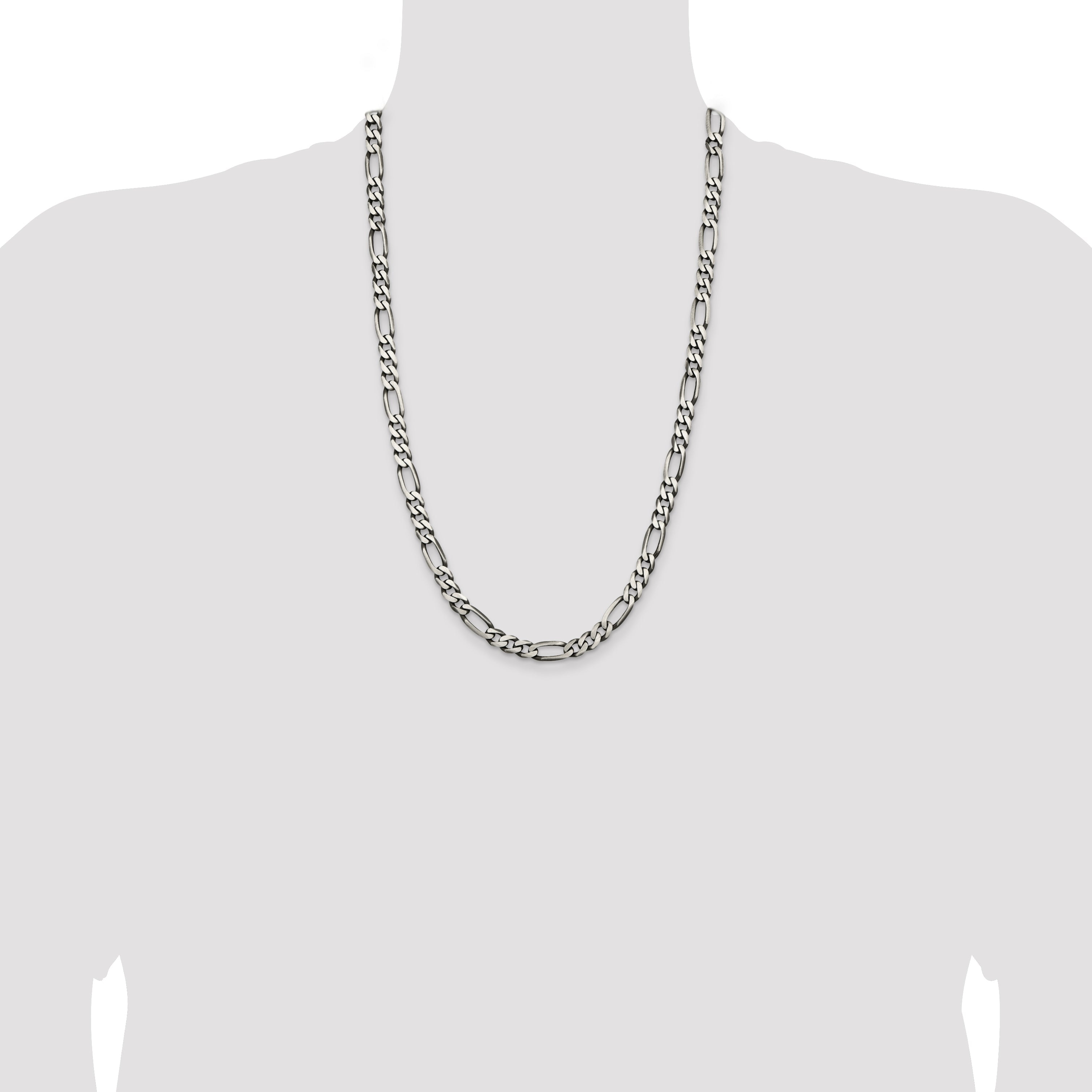 26 Inch Sterling Silver Antiqued 6.5mm Figaro Chain Necklace
