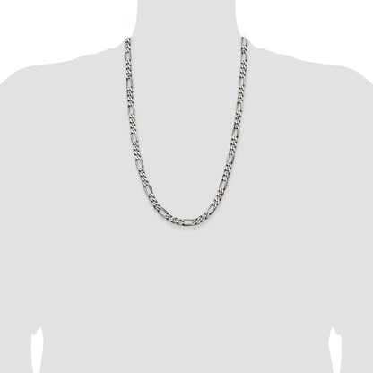 26 Inch Sterling Silver Antiqued 6.5mm Figaro Chain Necklace