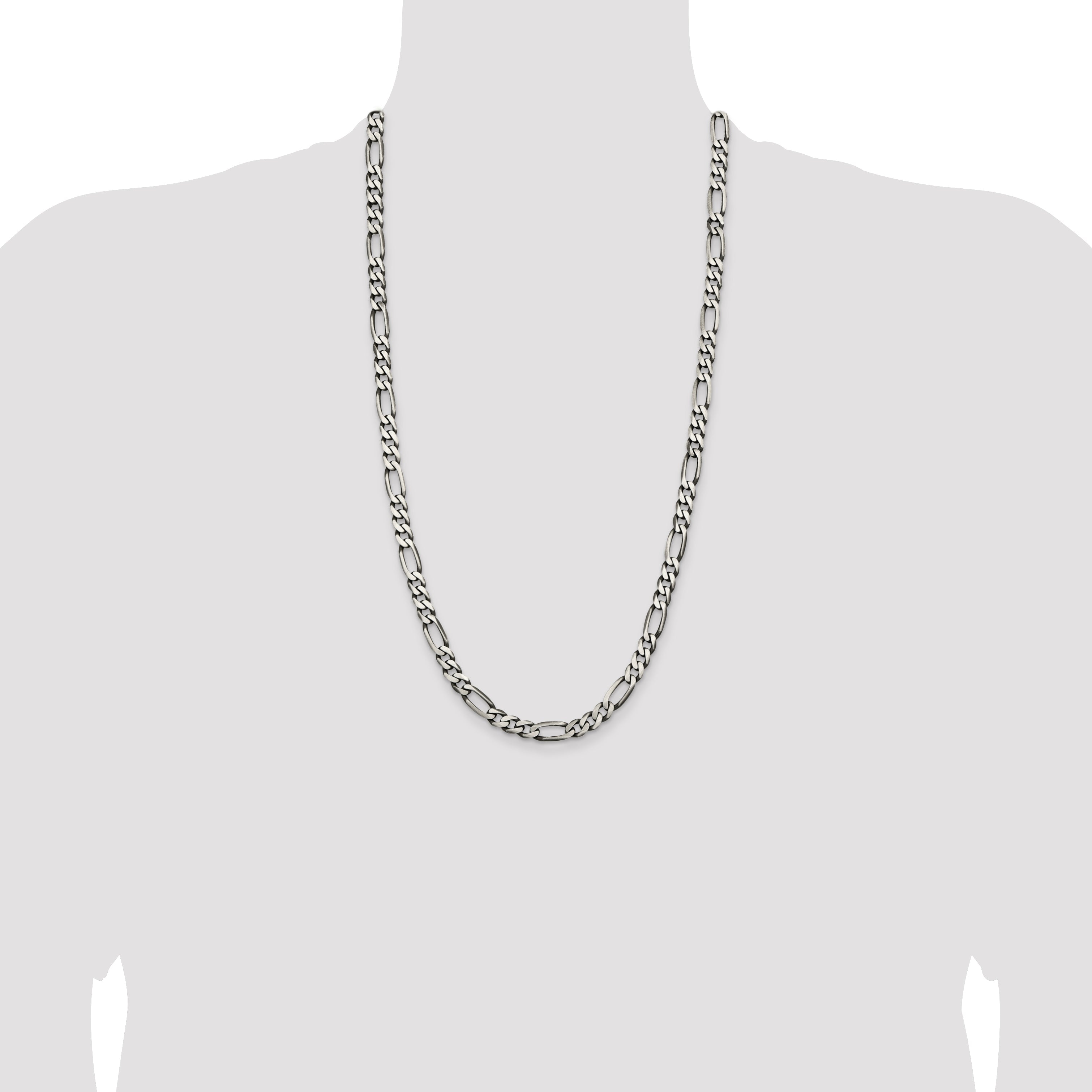 28 Inch Sterling Silver Antiqued 6.5mm Figaro Chain Necklace