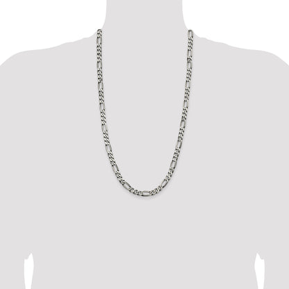 28 Inch Sterling Silver Antiqued 6.5mm Figaro Chain Necklace