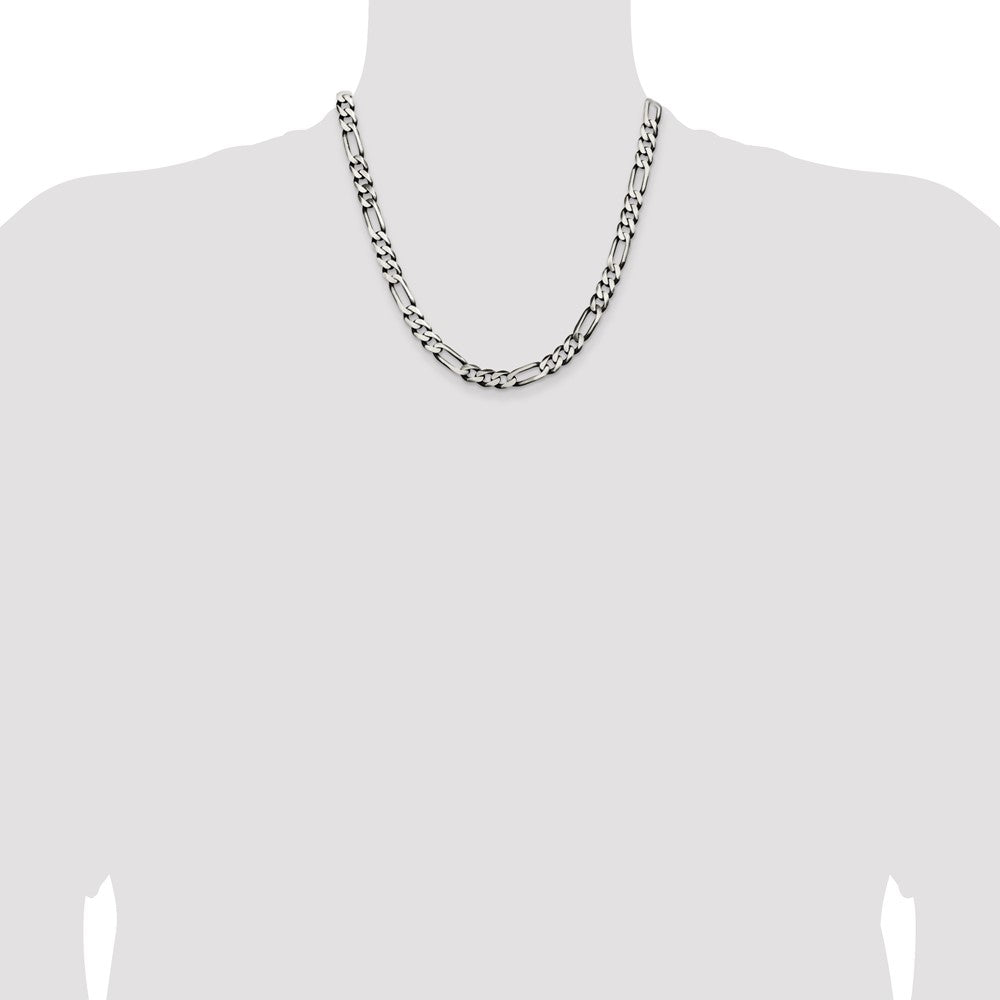 20 Inch Sterling Silver Antiqued 7.5mm Figaro Chain Necklace