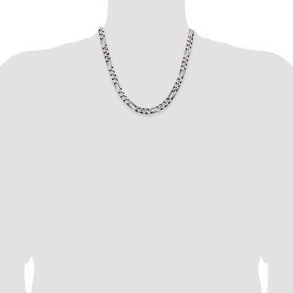 20 Inch Sterling Silver Antiqued 7.5mm Figaro Chain Necklace