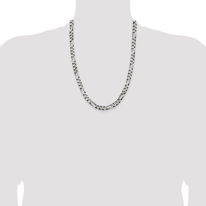 24 Inch Sterling Silver Antiqued 7.5mm Figaro Chain Necklace
