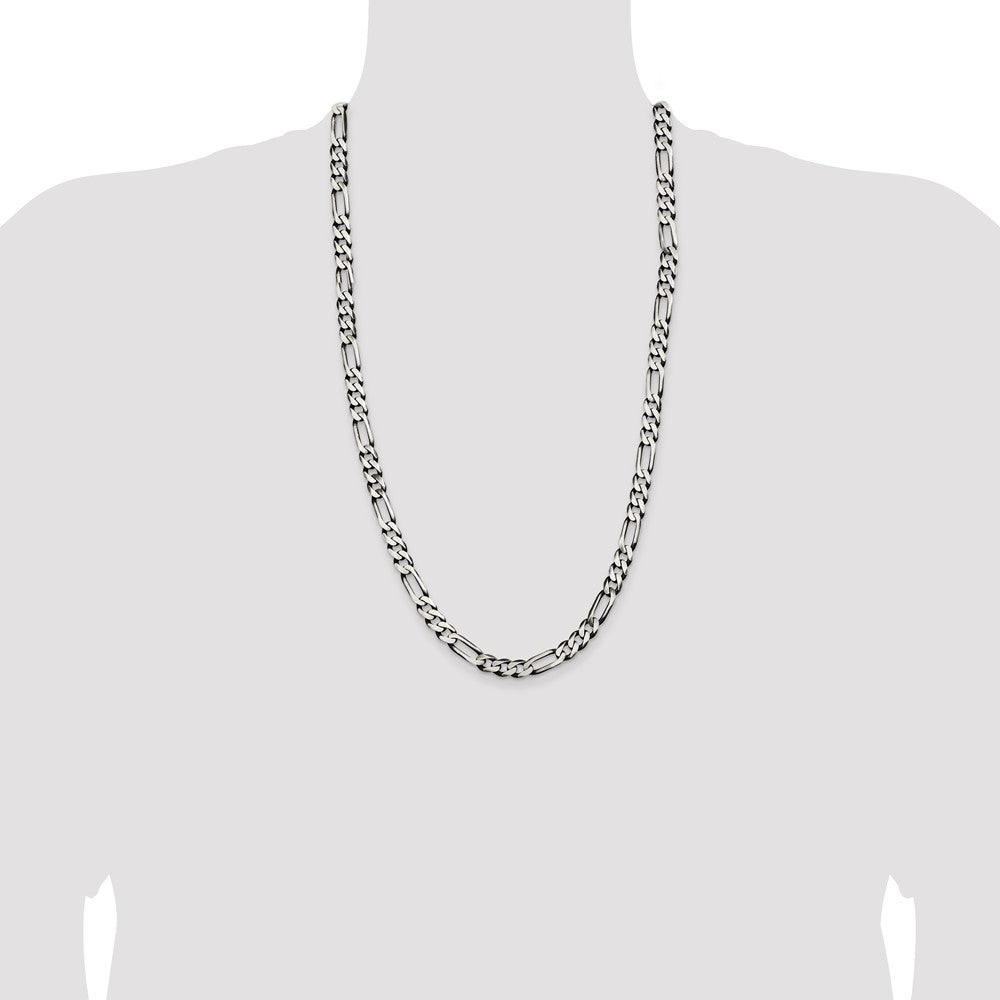 28 Inch Sterling Silver Antiqued 7.5mm Figaro Chain Necklace