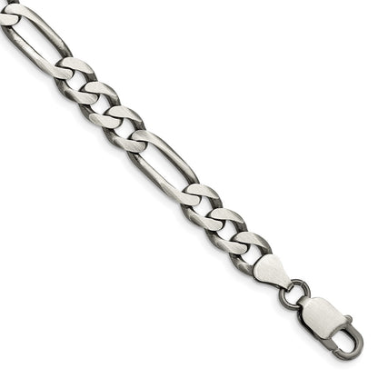 9 Inch Sterling Silver Antiqued 7.5mm Figaro Chain Bracelet