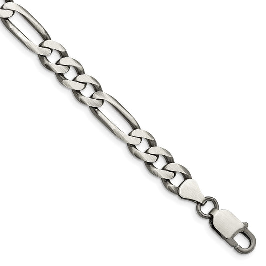 9 Inch Sterling Silver Antiqued 7.5mm Figaro Chain Bracelet