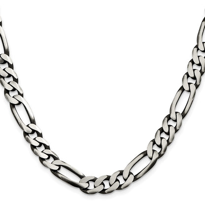 26 Inch Sterling Silver Antiqued 9mm Figaro Chain Necklace