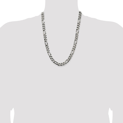 24 Inch Sterling Silver Antiqued 9mm Figaro Chain Necklace