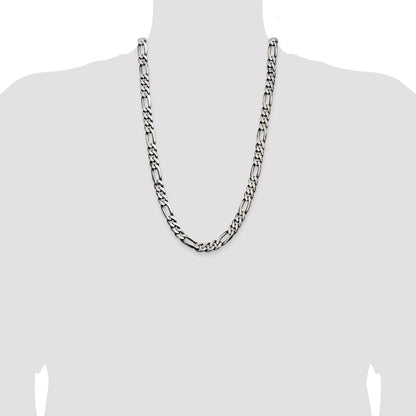 26 Inch Sterling Silver Antiqued 9mm Figaro Chain Necklace