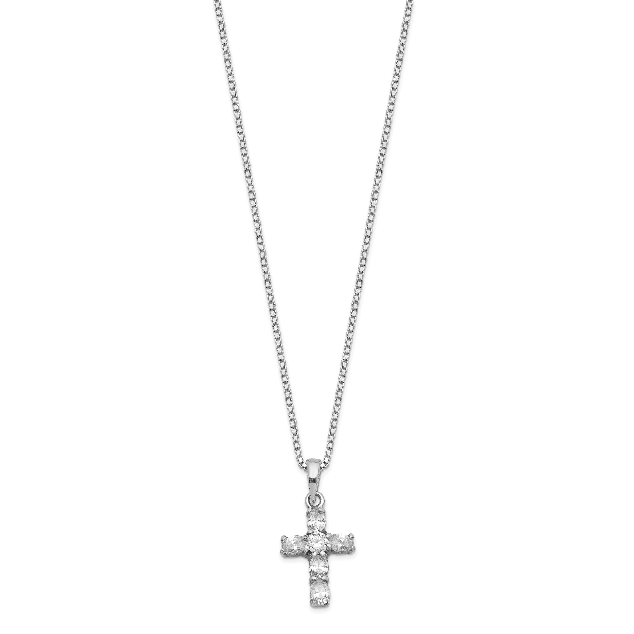 16 Inch Sterling Silver Rhodium-Plated Cz Cross On Box Chain Necklace