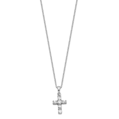 16 Inch Sterling Silver Rhodium-Plated Cz Cross On Box Chain Necklace