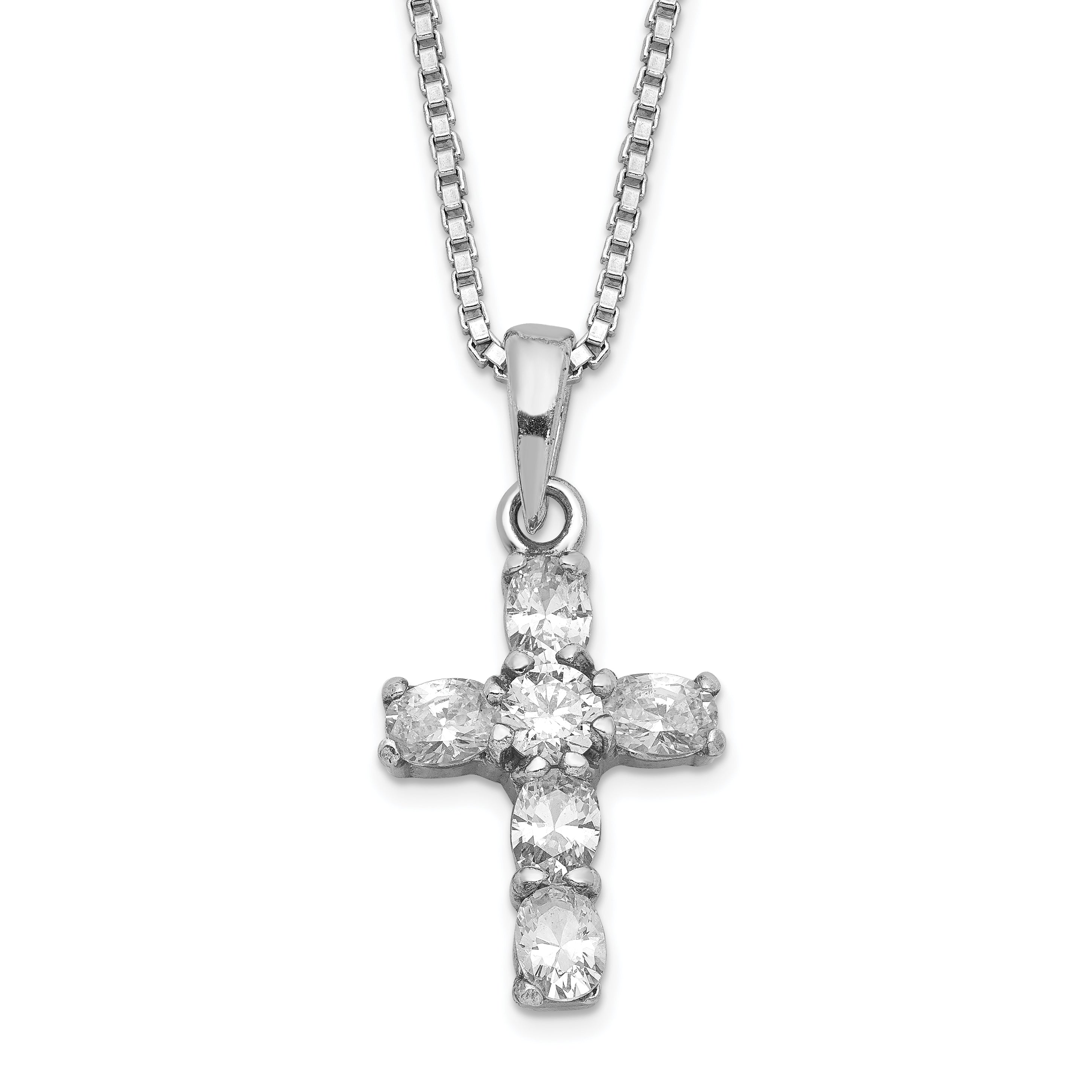 16 Inch Sterling Silver Rhodium-Plated Cz Cross On Box Chain Necklace
