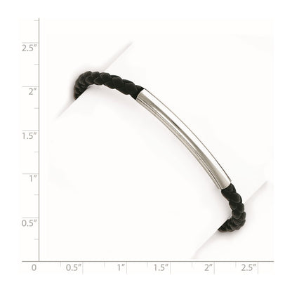 7 Inch Sterling Silver Rhodium-Plated Braided Black Leather Bracelet