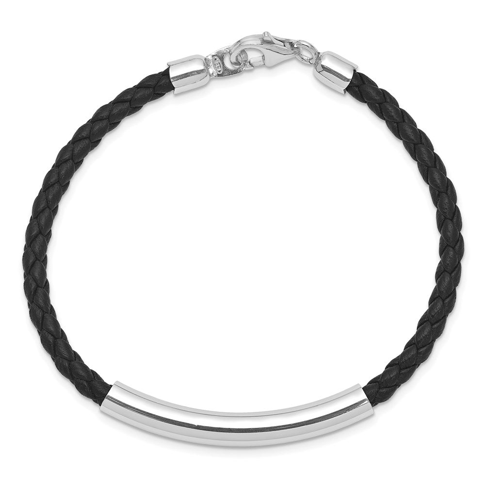 7 Inch Sterling Silver Rhodium-Plated Braided Black Leather Bracelet