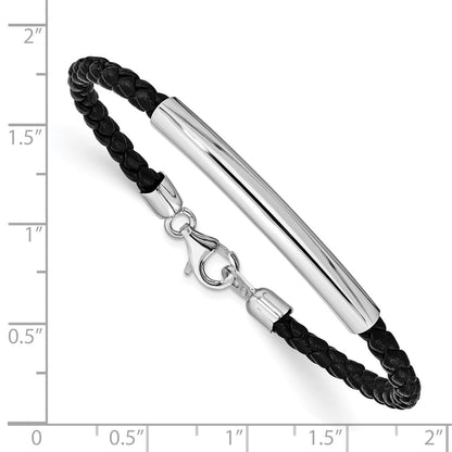 7 Inch Sterling Silver Rhodium-Plated Braided Black Leather Bracelet