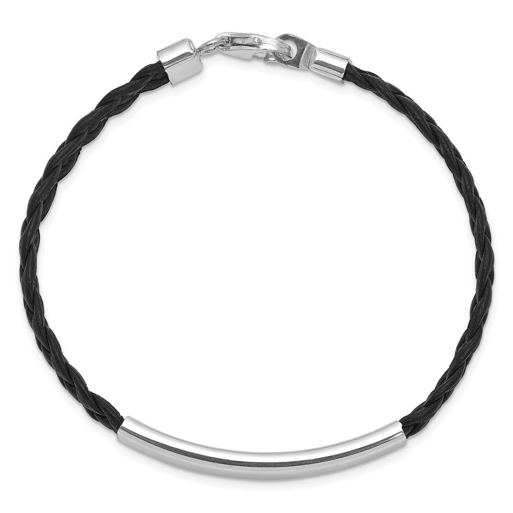 7 Inch Sterling Silver Rhodium-Plated Black Braided Leather Bracelet