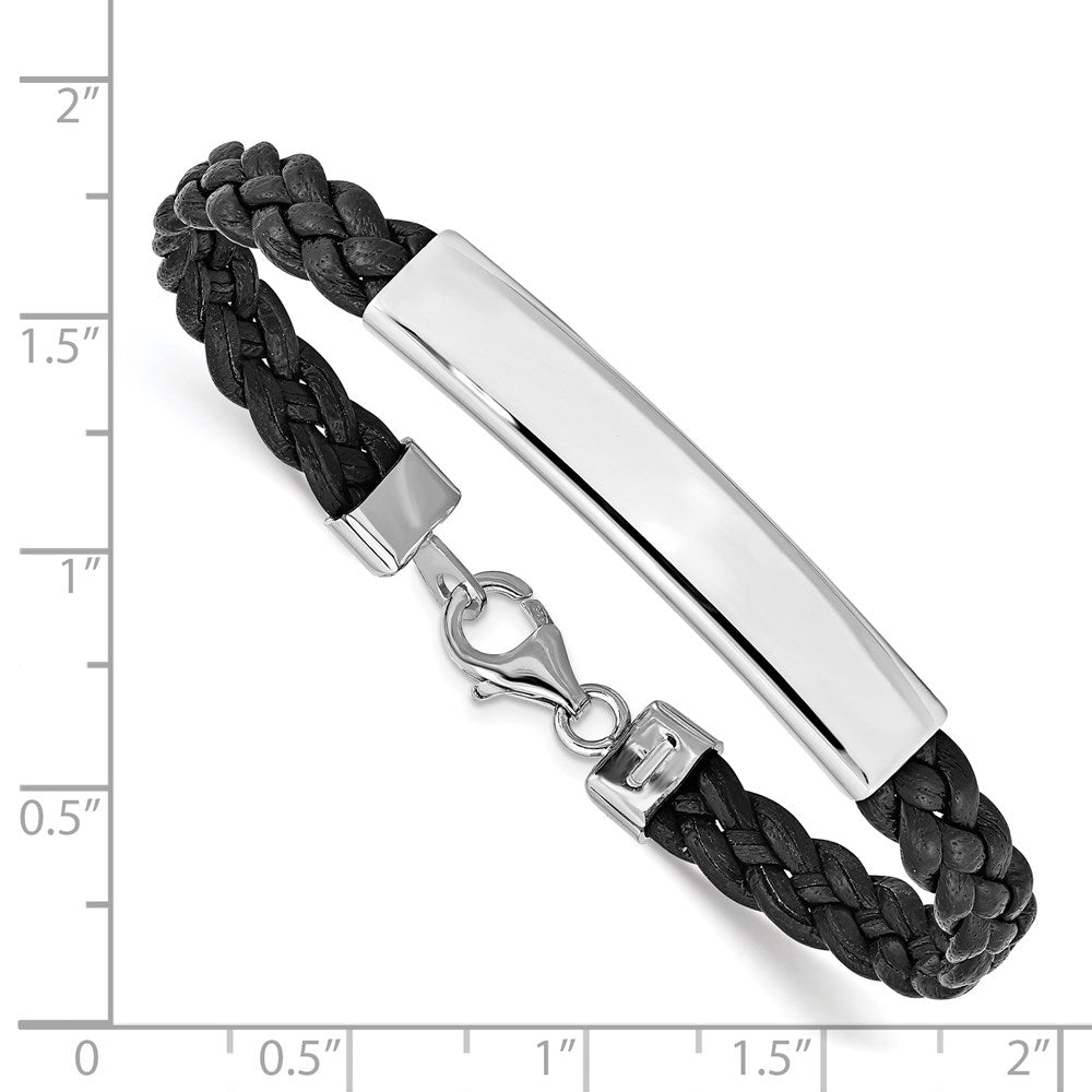 7 Inch Sterling Silver Rhodium-Plated Black Braided Leather Bracelet