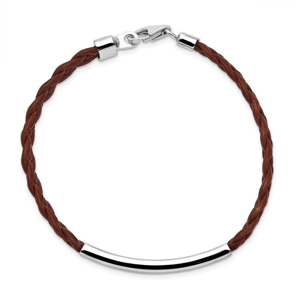 7 Inch Sterling Silver Rhodium-Plated Brown Braided Leather Bracelet