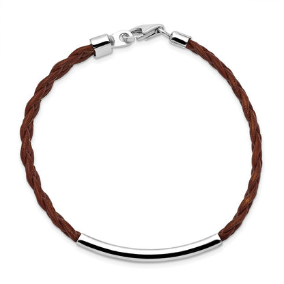 7 Inch Sterling Silver Rhodium-Plated Brown Braided Leather Bracelet