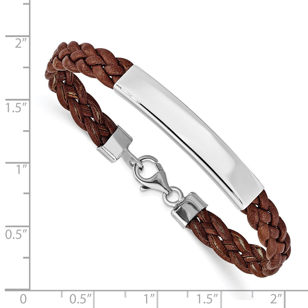 7 Inch Sterling Silver Rhodium-Plated Brown Braided Leather Bracelet