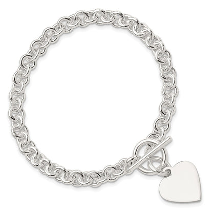 8.75 Inch Sterling Silver Engraveable Heart Disc On Fancy Link Toggle Bracelet