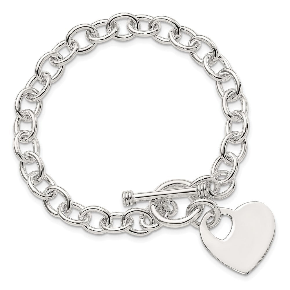 8.75 Inch Sterling Silver Engraveable Heart Disc On Fancy Link Toggle Bracelet