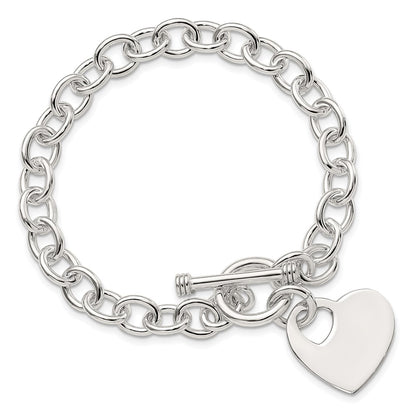 8.75 Inch Sterling Silver Engraveable Heart Disc On Fancy Link Toggle Bracelet