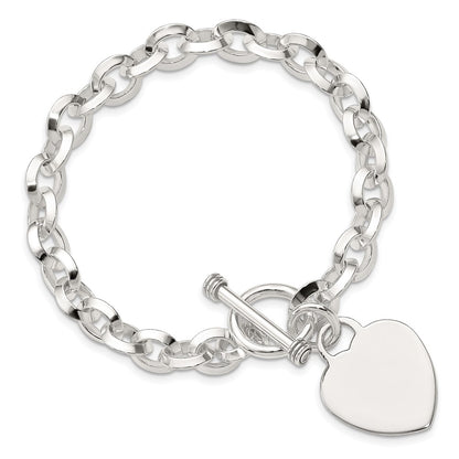 7.75 Inch Sterling Silver Engraveable Heart Disc On Fancy Link Toggle Bracelet